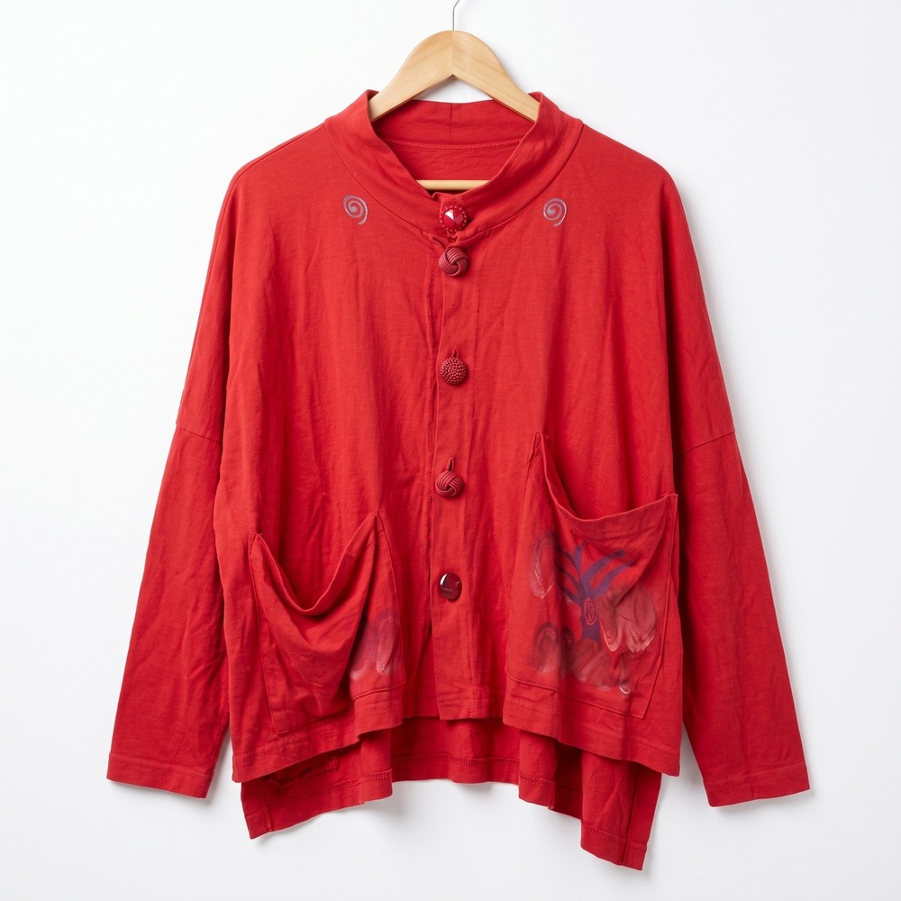 Vintage BLUE FISH 1996 Cardigan Red Organic Cotton HandPrinted Art Lagenlook USA